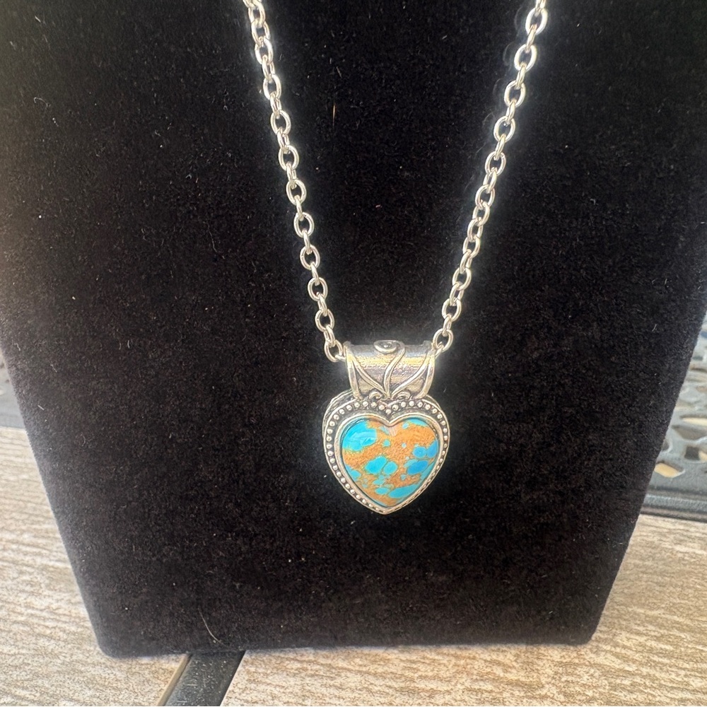 New, Silver Heart Pendant Necklace with Turquoise Accents